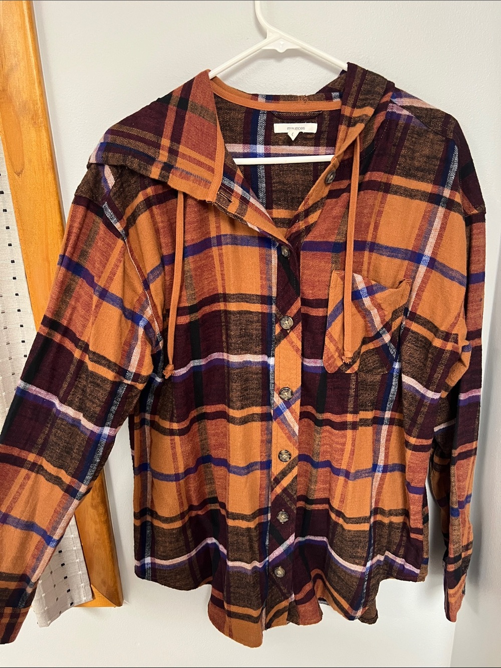 Maurices Orange and Brown Plaid Hooded Button-Down Shirt